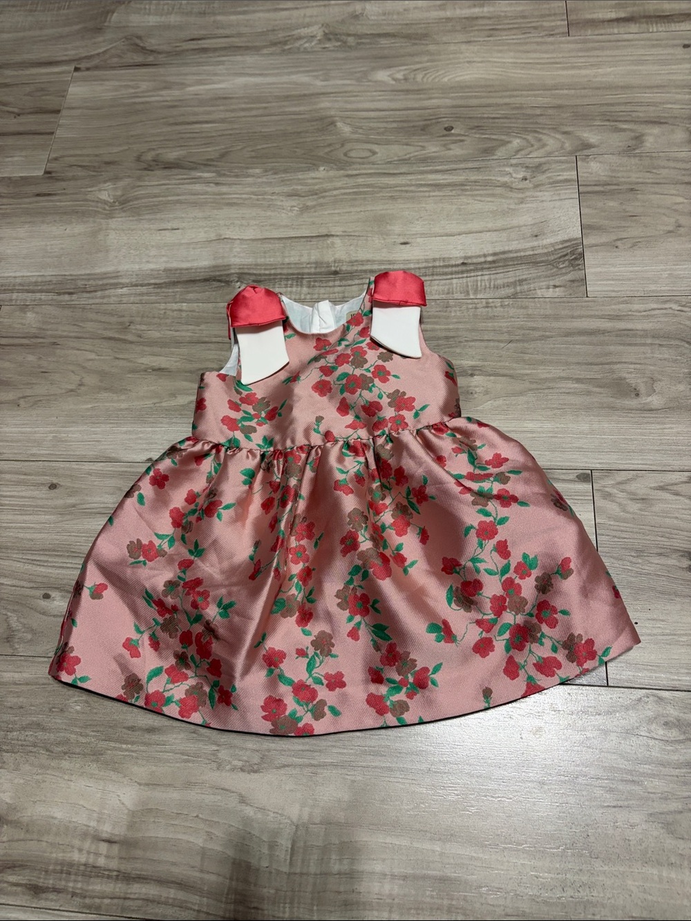 Girls' Pink Floral Satin Party Dress with Bow Shoulders
